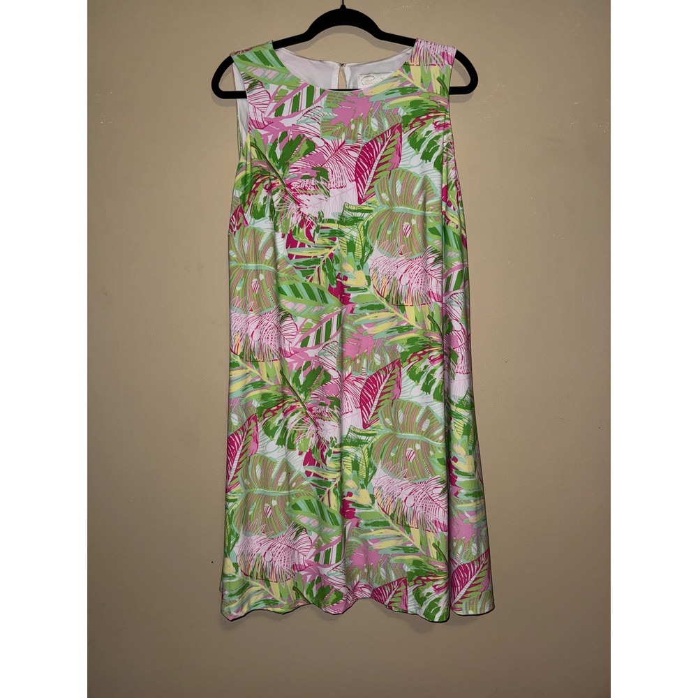 Pappagallo Pink Green Tropical Palm Leaf Shift Dress 1X Sleeveless Preppy Resort